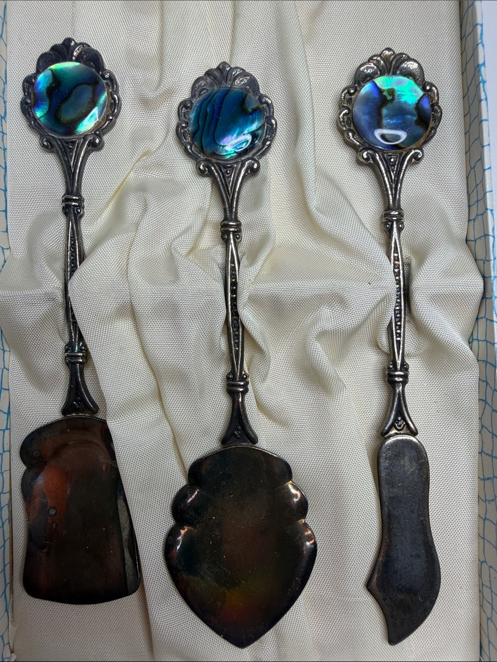 PEAK Abalone Handle Silver Tone Serving Spoon Set - Iridescent Blue Green